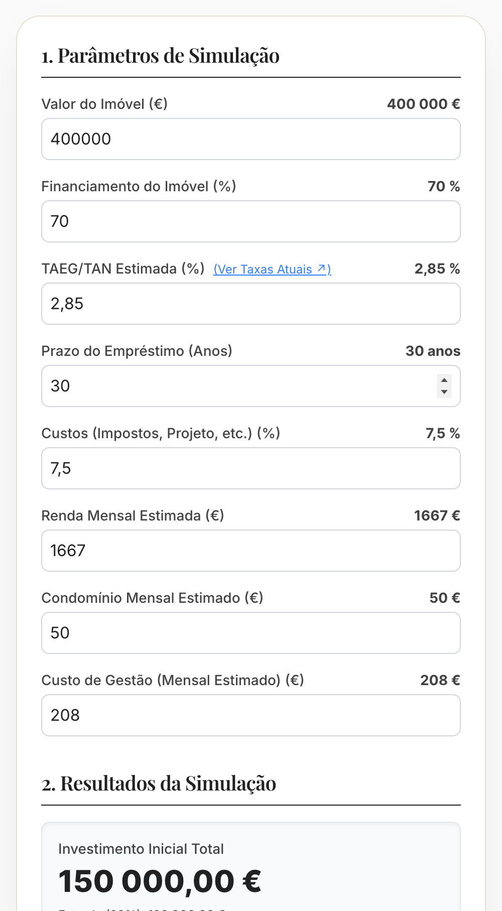 Prévia da calculadora de investimento da CEI